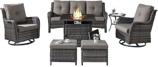 Outdoor Patio Furniture Set with Propane Fire Pit Table, 7 Pieces Wicker Patio Conversation Set with 2 Swivel Glider Rocker Chair Rattan Sofa Grey Cushion Perfect for Casual Gathering