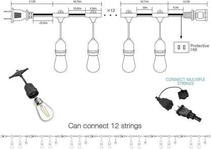 Banord Outdoor String Lights, 48FT Waterproof Patio Lights with 2W Dimmable LED Bulbs, for Outdoor Backyard, Garden, Deck, Porch, Gazebo, Balcony, Camping, Party
