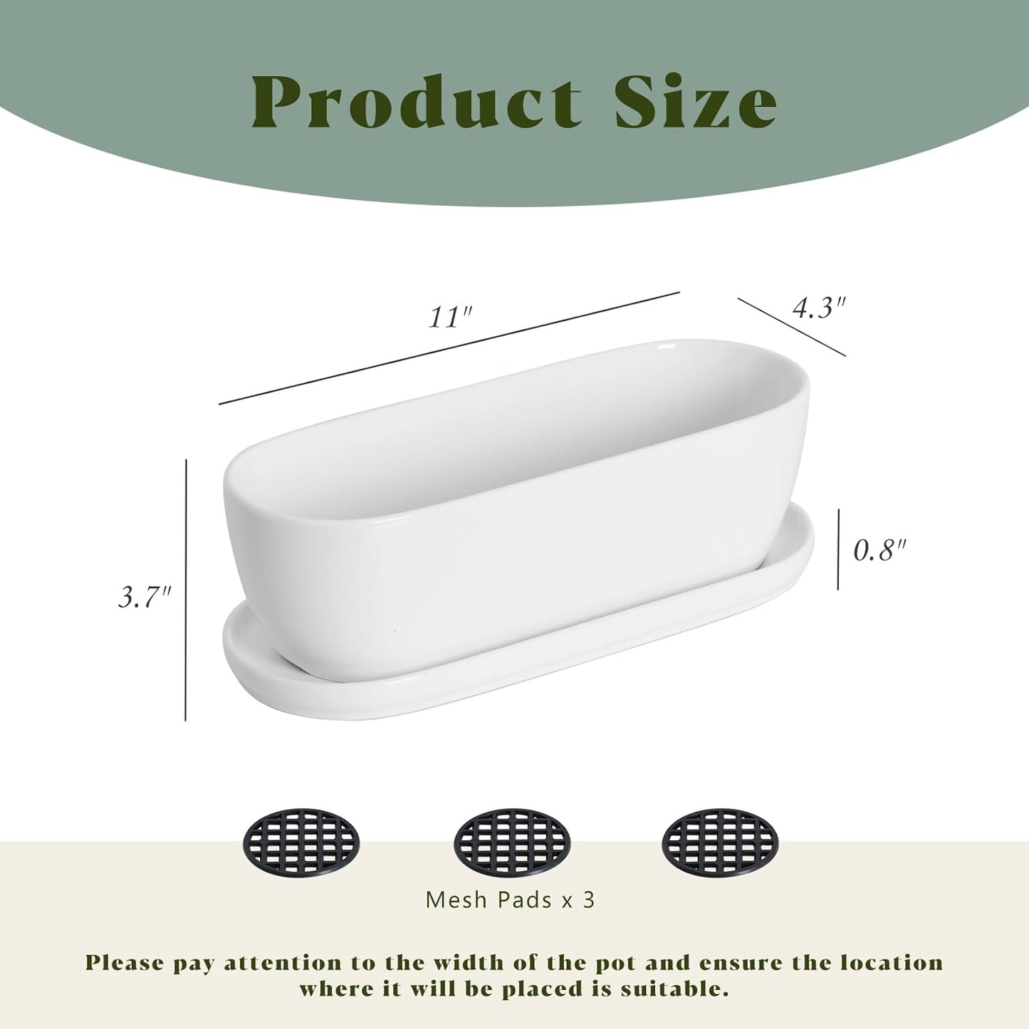 E-liu Oval Ceramic Planter Pot with Drainage Hole Saucers 11 Inch Succulents Planter Home Decor for Indoor Outdoor Plants Herb Cactus with 3 Mesh Pads, Plants Not Included