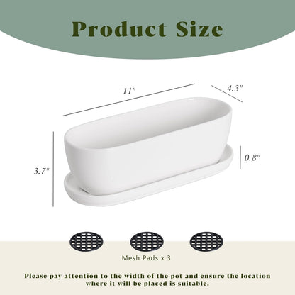 E-liu Oval Ceramic Planter Pot with Drainage Hole Saucers 11 Inch Succulents Planter Home Decor for Indoor Outdoor Plants Herb Cactus with 3 Mesh Pads, Plants Not Included