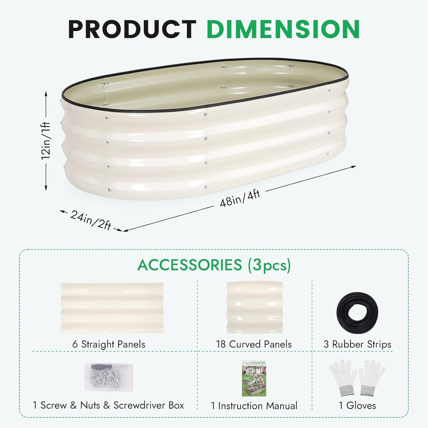 INNO STAGE 3Pcs Galvanized Raised Garden Bed Kit, Outdoor Metal Raised Garden Beds for Vegetables, Rust-Resistant & Easy Assembly, 4x2x1ft Oval Raised beds for Gardening, Flowers, Herbs (White)