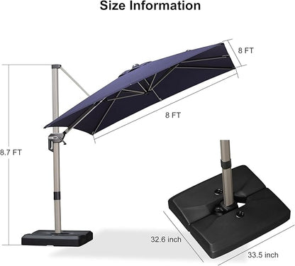 PURPLE LEAF Patio Umbrella with Base Included, 8ft Outdoor Aluminum Cantilever Umbrella with 360° Rotation, Champagne Offset Umbrella for Outdoor Garden Pool, Navy Blue