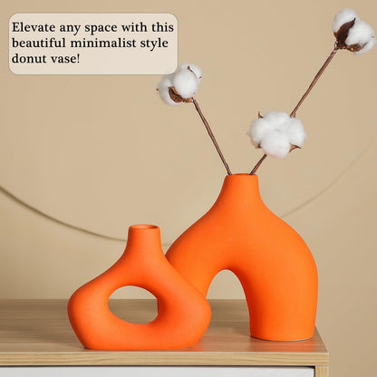 CEMABT Orange Ceramic Vase Set of 2 for Modern Minimalist Bohemian Decor，Round Matte Donut Vases for Pampas Grass-Perfect for Living Room, Dining Table, Office Bedroom Shelf Decor Entryway, Console