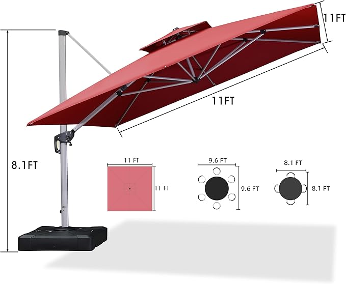 PURPLE LEAF 11 FT Cantilever Patio Umbrellas with Base Included, Large Square Offset Umbrella with 360° Rotation, Outdoor Aluminum Pool Umbrella for Pool Lawn Garden, Terra