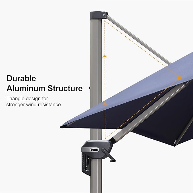 PURPLE LEAF 9' X 11.5' Patio Umbrella, Rectangle Outdoor Cantilever Umbrella, Aluminum Offset Umbrella with Champagne Frame and 360° Rotation for Pool Deck Garden, Navy Blue