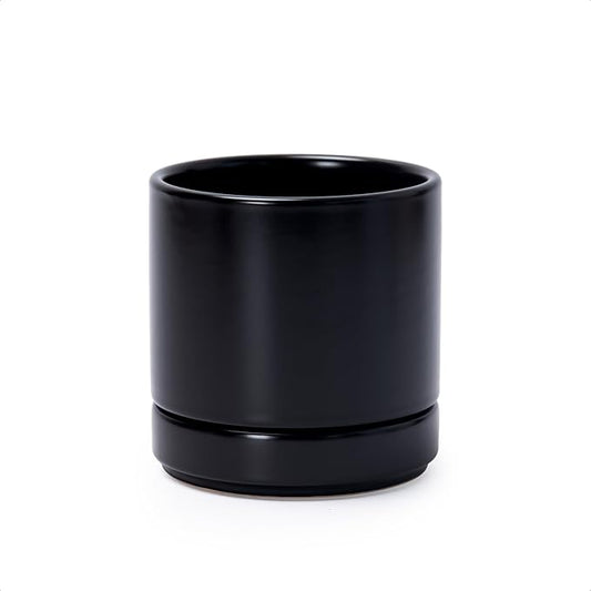 D'vine Dev 4.7 Inch Ceramic Planter Pot with Drainage Hole and Saucer, Indoor Cylinder Round Planter Pot, Black, 94-O-B-2
