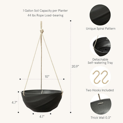La Jolie Maison 10 Inch Hanging Planters for Indoor Plants, Outdoor Garden Planter Pots with Self-Watering Tray, Jet Black, Spiral Pattern, Set of 2