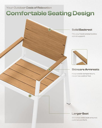 HDPS Outdoor Patio Dining Chairs Set of 2, 350LBS Capacity Aluminum Patio Dining Chairs with Armrests, Weather-Resistant for Lawn, Garden, Yard, Poolside and Indoor Use, White & Teak