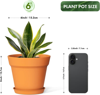 6 Inch Thick Plastic Plant Pots with Drainage Holes and Trays – 6 Pack Nursery Pots for Indoor & Outdoor House Plants, Seedling Starter Planters for Garden Flowers, Terracotta
