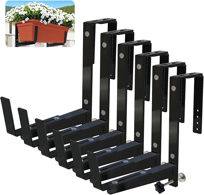 Heavy Duty Adjustable Window Box Brackets - Iron Planter Box Hangers with Reinforced Bottom Support for Balcony, Fence, Railing, Garden - Rust-Proof & Sturdy Flower Pot Holders