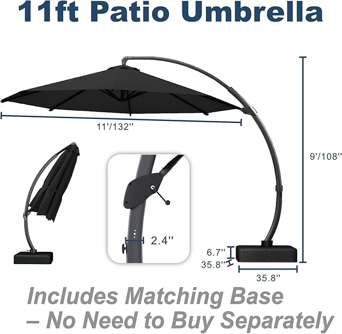 11FT Cantilever Umbrella with Base Large Curvy Outdoor Aluminum Offset Umbrella w/ 360° Rotation, UV Resistant Canopy for Patio, Garden, Backyard, Black
