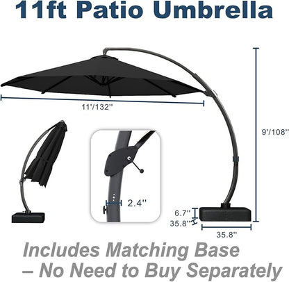 11FT Cantilever Umbrella with Base Large Curvy Outdoor Aluminum Offset Umbrella w/ 360° Rotation, UV Resistant Canopy for Patio, Garden, Backyard, Black