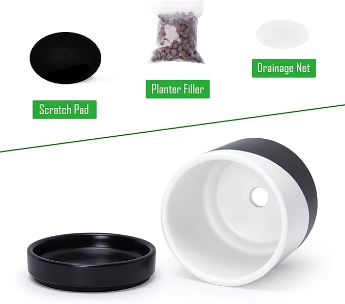 D'vine Dev 4.7 Inch Ceramic Planter Pot with Drainage Hole and Saucer, Indoor Cylinder Round Planter Pot, Oblique Monochrome Black and White, 94-O-B-K