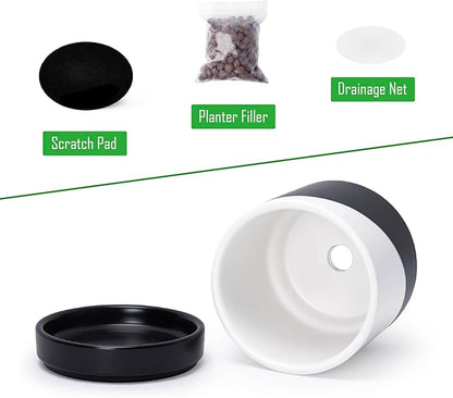 D'vine Dev 4.7 Inch Ceramic Planter Pot with Drainage Hole and Saucer, Indoor Cylinder Round Planter Pot, Oblique Monochrome Black and White, 94-O-B-K