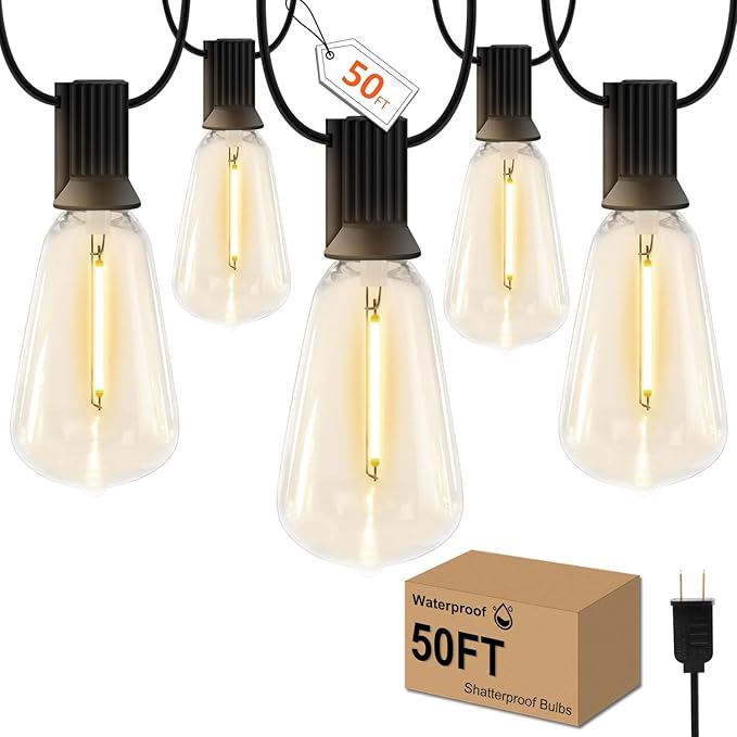 GHUSTAR 50FT LED Outdoor String Llights (NOT Solar) – Patio Lights Outdoor Waterproof for Outside – 2700K Vintage Edison Bulb String Light – Shatterproof Hanging Light for Cafe Porch Deck