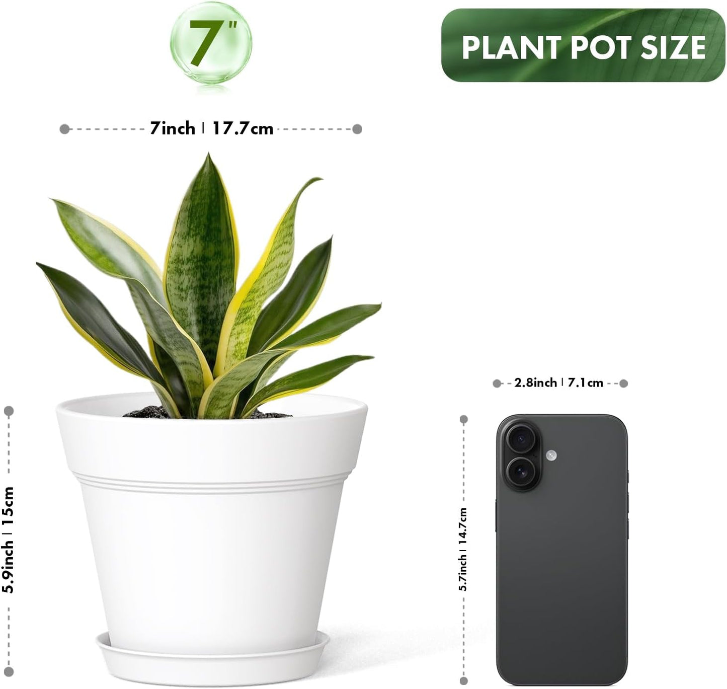 7 Inch Thick Plastic Plant Pots with Drainage Holes and Trays – 6 Pack Nursery Pots for Indoor & Outdoor House Plants, Seedling Starter Planters for Garden Flowers, White