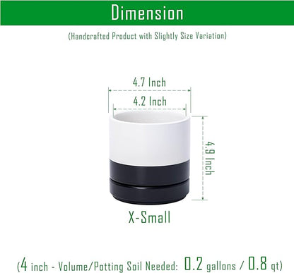 D'vine Dev 4.7 Inch Ceramic Planter Pot with Drainage Hole and Saucer, Indoor Cylinder Round Planter Pot, Layered Monochrome Black & White, 94-O-B-L