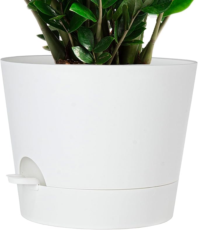 12inch Large Self Watering Plant Pot, Plastic Cylinder Planter with 60Oz Deep Reservoir and Saucer for Indoor Outdoor Plants Flowers Houseplants, White