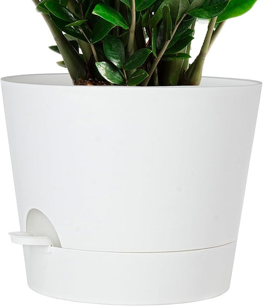 12inch Large Self Watering Plant Pot, Plastic Cylinder Planter with 60Oz Deep Reservoir and Saucer for Indoor Outdoor Plants Flowers Houseplants, White