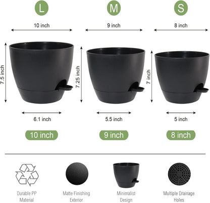 10/9/8 inch Self Watering Pots, Set of 3 Plastic Planters with Mesh Drainage Holes and Deep Reservoir for Indoor Outdoor Garden Plants and Flowers, Black