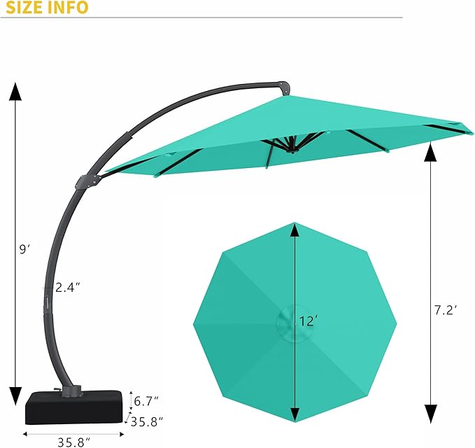 Kingdura 12ft Cantilever Patio Umbrella with Base Included, Large Round Offset Outdoor Pool Umbrella, 360° Rotation & Infinite Tilt, Heavy Duty Aluminum Frame for Deck Backyard, Turquoise blue