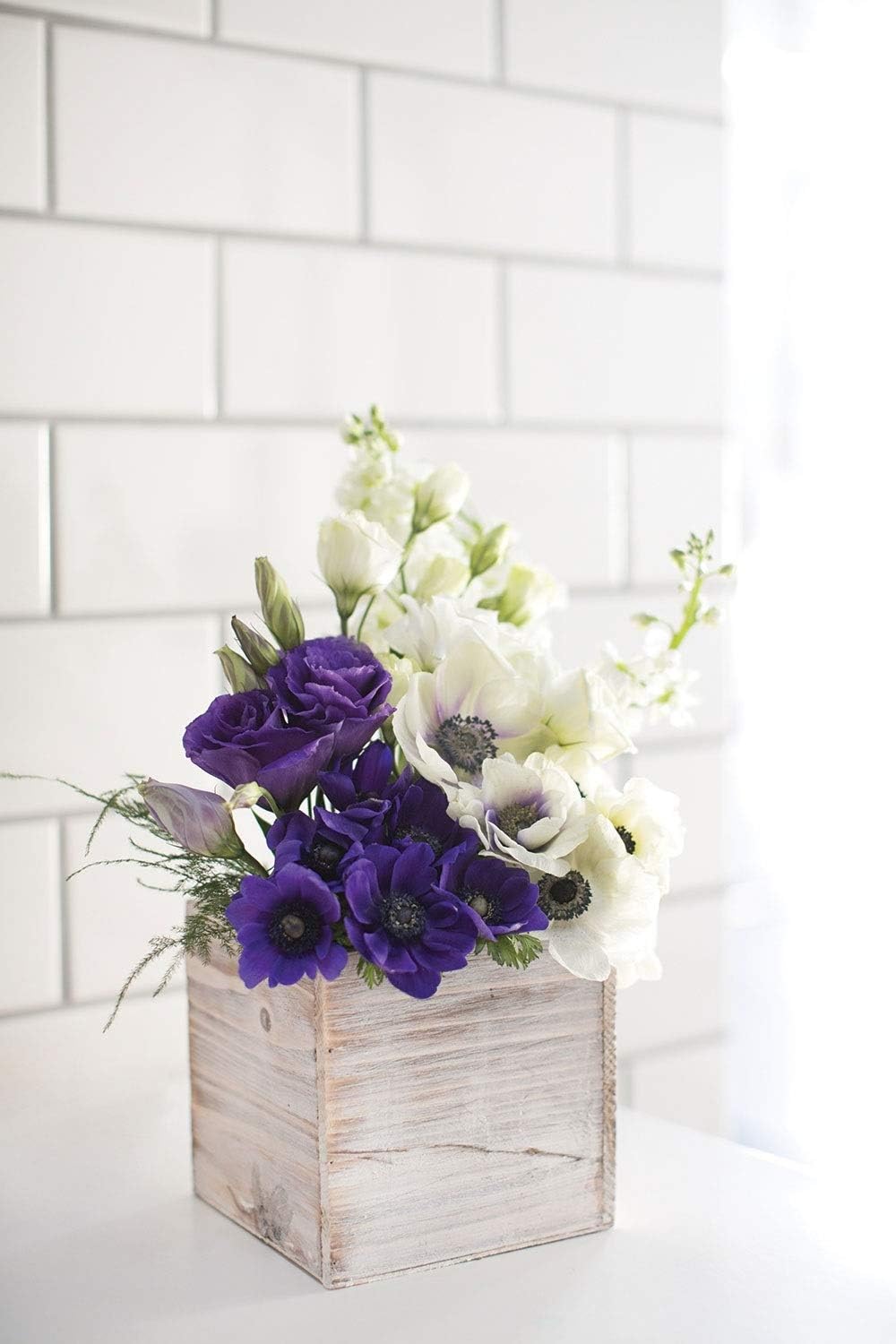 Wooden Planter Box, Rustic Barn Whitewash with Plastic Liner l Garden Decor l Restaurant and Wedding Decorations l Wedding Bouquets, Table Centerpiece (6x6 Set of 2, Whitewash)