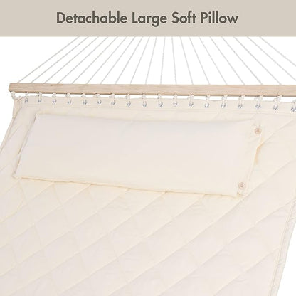 ANOW Two Person Hammock with Spreader Bars and Detachable Pillow, Heavy Duty Hammock for Outdoors Indoors, 450 LBS Weight Capacity, Cream