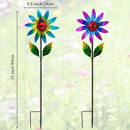 2 Pack Wind Spinner Outdoor,Waterproof Metal Windmill with Ladybug,Pinwheels for Yard and Garden, Flower Wind Sculpture & Spinner for Patio Lawn Decor
