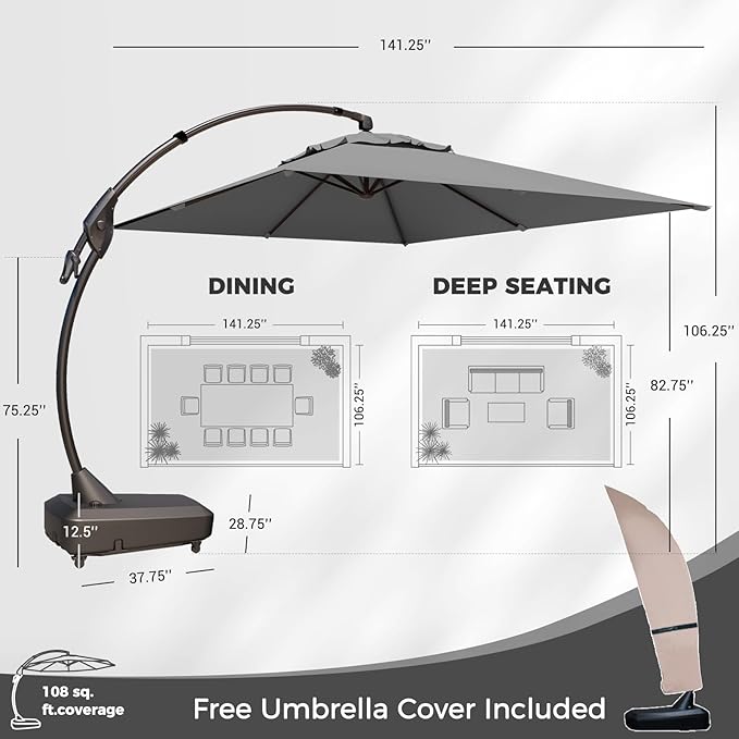 Grand patio 9x12 FT Cantilever Umbrella with Base & Cover Outdoor Aluminum Rectangle Offset Umbrellas Canopy for Pool Yard (Gray, 9x12 FT)