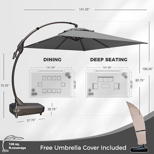 Grand patio 9x12 FT Cantilever Umbrella with Base & Cover Outdoor Aluminum Rectangle Offset Umbrellas Canopy for Pool Yard (Gray, 9x12 FT)