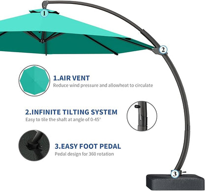 Outdoor Patio Umbrella with Sand Bag Included, 11 FT Deluxe Curvy Cantilever Umbrella Offset Hanging Umbrella with 360° Rotation for Market, Pool, Garden, Backyard, Deck