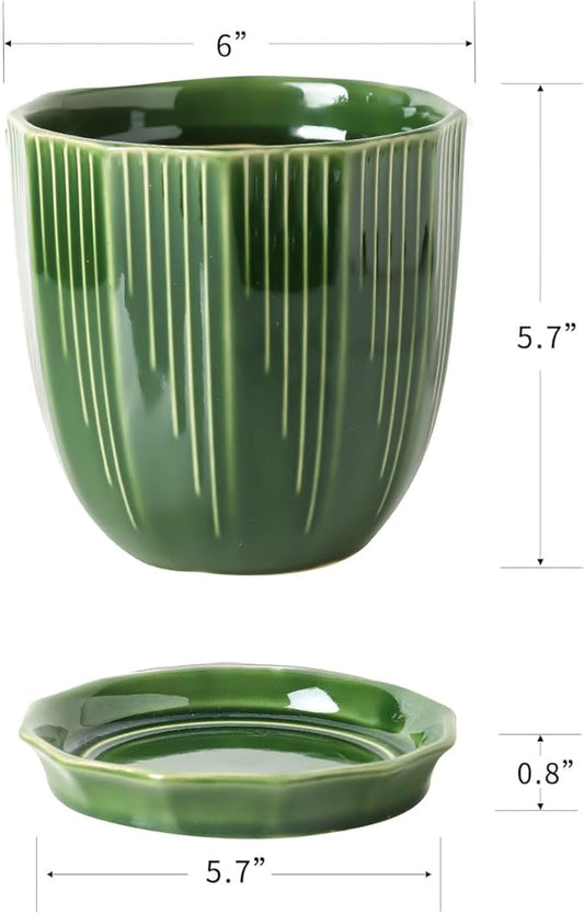 ADN Ceramic Planter - Large Plant Pot Geometric Design Flower Pot with Drainage Hole and Saucer for Outdoor Indoor Plants (Green, 6 in)