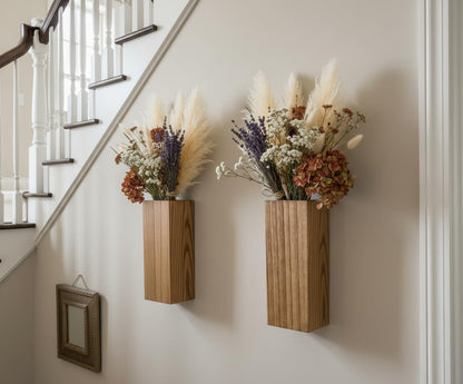 2 Pieces Wooden Wall Hanging Plant Pots Vase Contains Artificial Green Plants for Indoor Fake Plants Greenery Flowers, Modern Planters for Bathroom, Living Room, Kitchen Decor, (Wood Color)