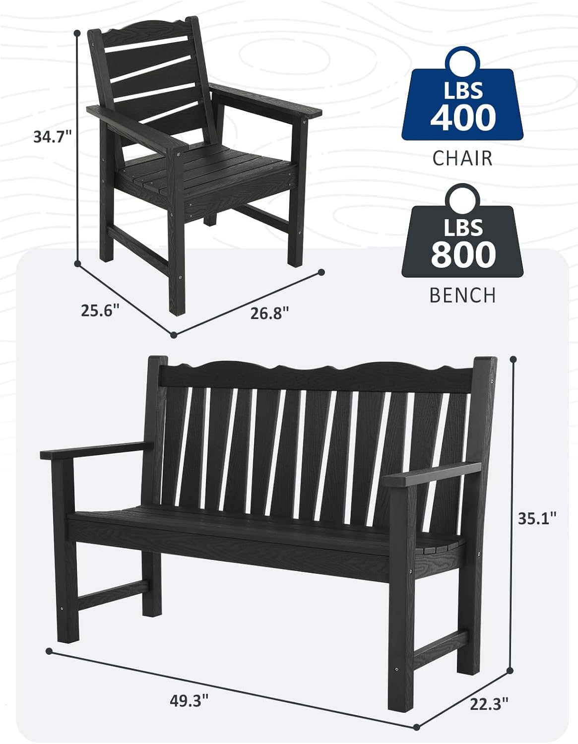 Patio Chairs Set, Weatherproof HIPS Outdoor Furniture, Include 2 Patio Dining Chairs + Outdoor Bench, Suit for Garden, Porch, Lawn & Backyard (Black)