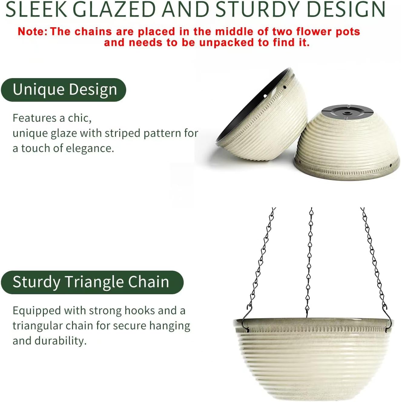 2 Pack Hanging Planters for Indoor Outdoor Plants, 10 Inch Hanging Planter with Drainage Hole & Plug Glazed Hanging Baskets Flower Pots for Garden Home (Off-White)