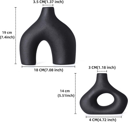 CEMABT Black Ceramic Vase Set of 2 for Modern Minimalist Bohemian Decor，Round Matte Donut Vases for Pampas Grass-Perfect for Living Room, Dining Table, Office Bedroom Shelf Decor Entryway, Console