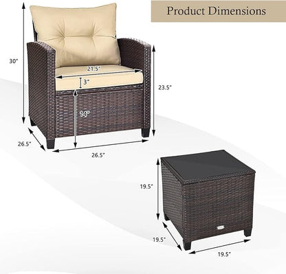 KOTEK 3 Piece Patio Furniture Set, Outdoor Conversation Set with Washable Cushions & Tempered Glass Tabletop, PE Rattan Wicker Bistro Set for Porch, Garden, Balcony (Beige)