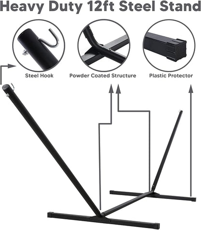 SUNCREAT Two Person Hammock with 12ft Stand Included, Max 475lbs Capacity, Heavy Duty Free Standing Hammock, Black Stripes