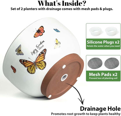 YBX 8 Inch + 6 Inch White&Terracotta Flower Pots, Succulent Ceramic Plant Pots with Drainage Holes, Terracotta Planters for Indoor Plants, with Butterfly Accents