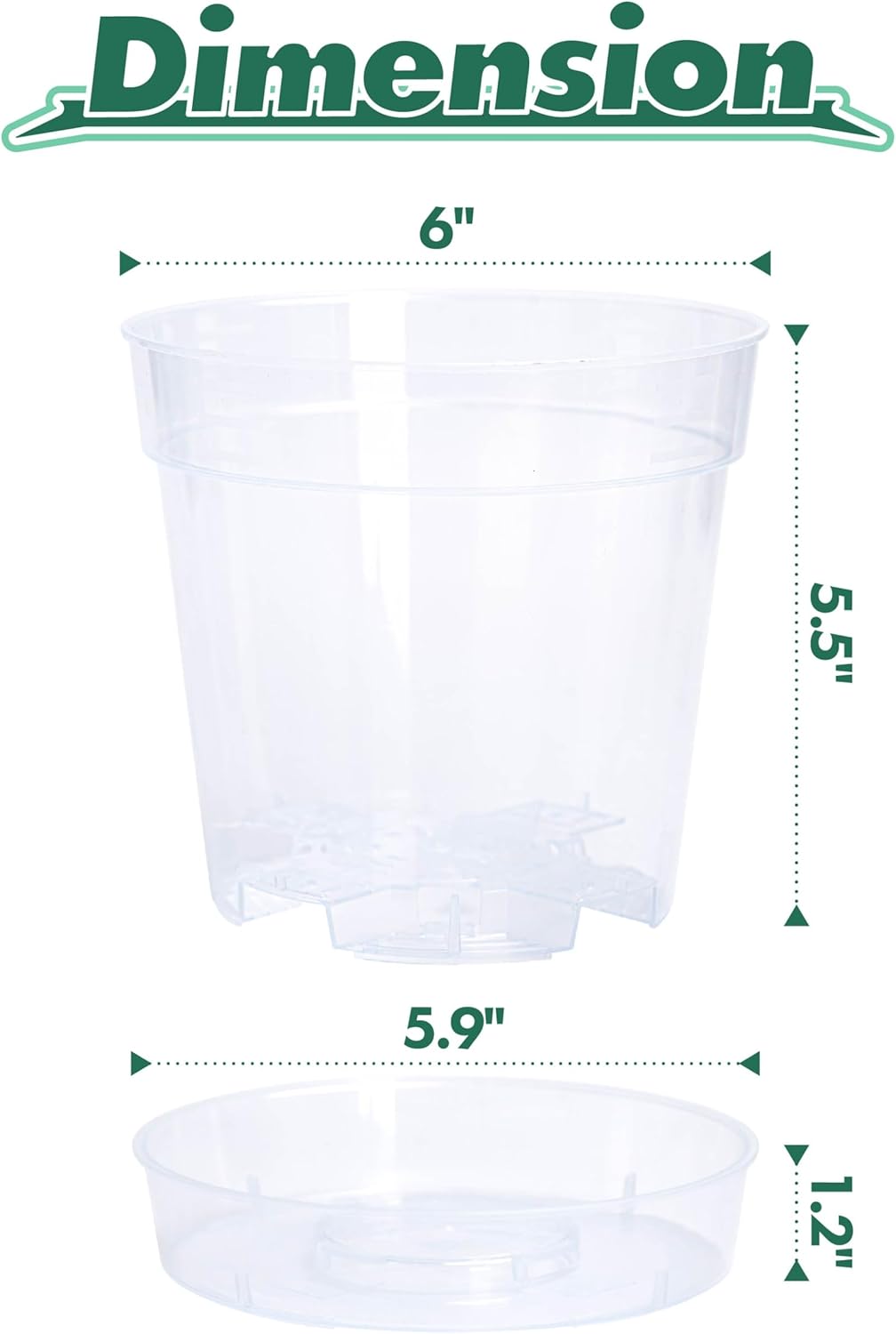 6 Inch Clear Plastic Plant Pot with Drainage Holes, Interlocking & Detachable Tray - Deep Saucer - Durable BPA-Free Plastic, Transparent Design, Raised Base for Airflow, Set of 12, 92-X-B-5