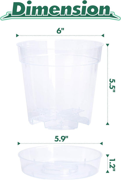 6 Inch Clear Plastic Plant Pot with Drainage Holes, Interlocking & Detachable Tray - Deep Saucer - Durable BPA-Free Plastic, Transparent Design, Raised Base for Airflow, Set of 12, 92-X-B-5