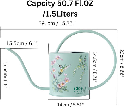Watering Can for Indoor House Plants - Cute Decorative Metal Gardening Small Water Can for Houseplants & Flowers with Long Spout - 1.5L 51floz 0.4 Gallon (Hummingbird Sage)