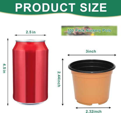 100 Pack 3 Inch Plant Nursery Pots for Plants, Small Plastic Pots with Drainage Holes, Seed Starter Pots for Transplanting, Succulents, Seeding, Cuttings, Flowers, Indoor Outdoor, Ochre
