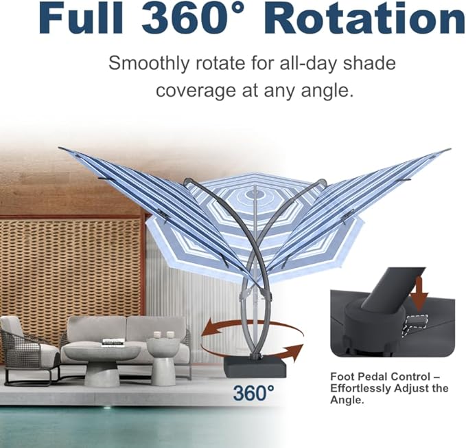 Acrylic Fabric 11FT Cantilever Umbrella with Base Large Curvy Outdoor Aluminum Offset Umbrella w/ 360° Rotation, UV Resistant Canopy for Patio, Garden, Backyard, Blue Stripes