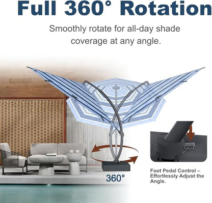 Acrylic Fabric 11FT Cantilever Umbrella with Base Large Curvy Outdoor Aluminum Offset Umbrella w/ 360° Rotation, UV Resistant Canopy for Patio, Garden, Backyard, Blue Stripes