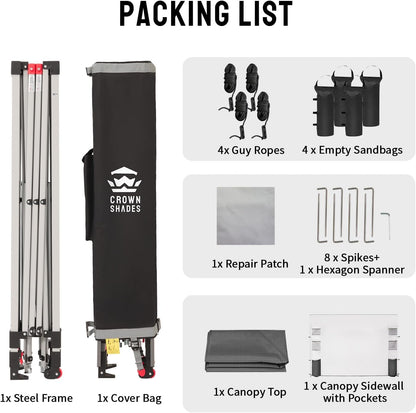 CROWN SHADES Canopy Tent 10x10 Pop Up Canopy Outdoor Shade with Pockets Sidewall, Easy Up Sun Shelter with One Person Set Up Center Lock, Portable Instant Camping Beach Canopies Tents, Grid Grey