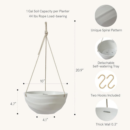 La Jolie Maison 10 Inch Hanging Planters for Indoor Plants, Outdoor Garden Planter Pots with Self-Watering Tray, Oatmeal, Set of 2