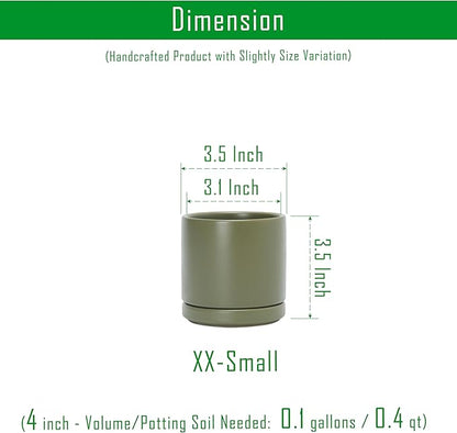 D'vine Dev Set of 2 Plants Pots, 3.5 Inch Ceramic Planter Pot for Plants with Drainage Hole and Saucer, Olive, 94-V-A-J