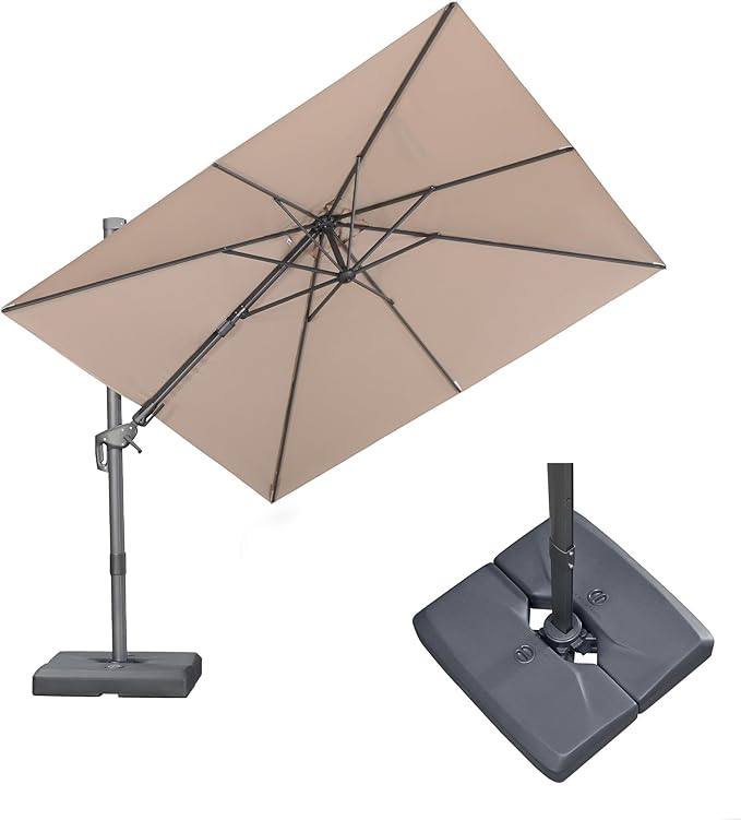 PURPLE LEAF 8' X 8' Swivel Outdoor Patio Aluminum Umbrella with Base Left-right Tilting Cantilever Offset Umbrella with UV Resistant Heavy Duty Fabric for Deck Pool Patio Backyard, Sand Dune