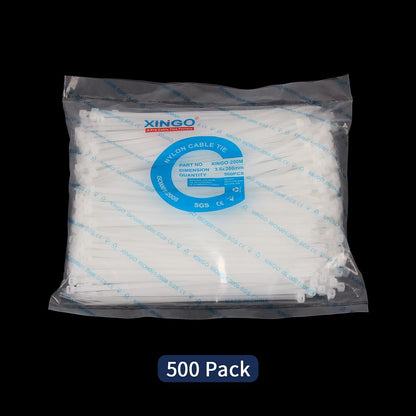 XINGO 8 Inch White Cable Zip Ties (500 Pack), 40 Lbs Tensile Strength-Heavy Duty, Self-Locking Nylon Plastic Nylon Wire Ties for indoor and outdoor use